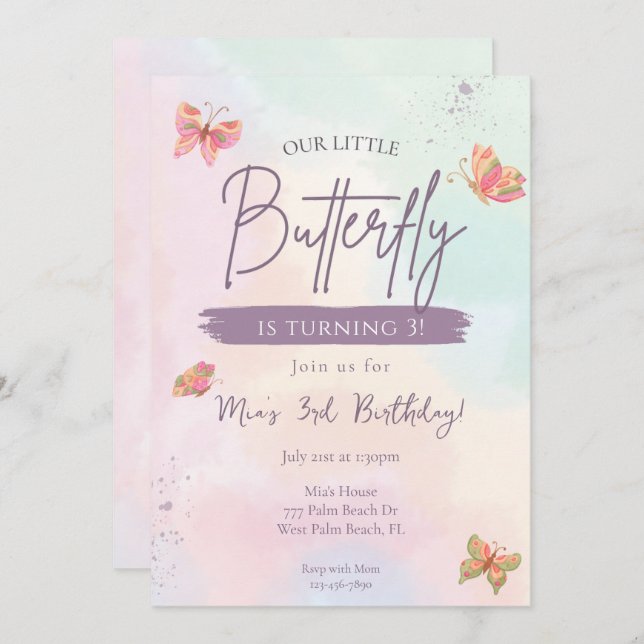 Unser kleiner Schmetterling Pastel Butterfly Gebur Einladung (Vorne/Hinten)