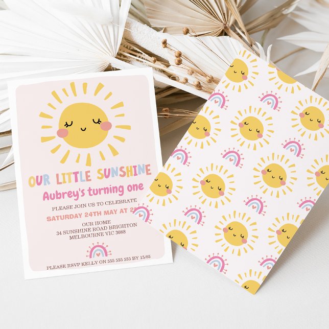 Unser kleiner Sonnenschein am 1. Geburtstag mehrfa Einladung (Our Little Sunshine 1st Birthday Invitation, Girl Summer Birthday, Girls Sun First Birthday Party, )