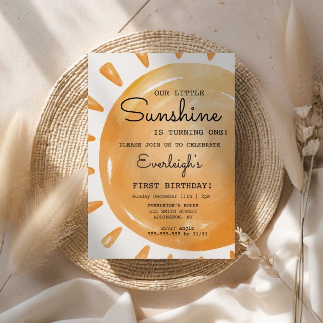 Unser kleiner Sonnenschein dreht sich um den 1. Ge Einladung (Our Little Sunshine Birthday Invitation)