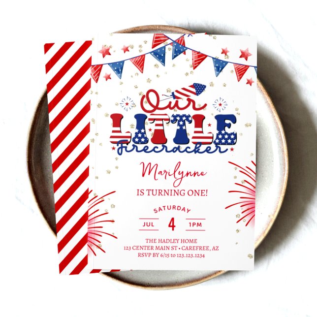 Unser kleines Firecracker 1. Geburtstag Party Einladung (1st birthdaykids children childred white blueindependence day 4th of julysummer birthdaysfireworkspa)
