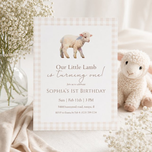 Unser kleines Lamm Geburtstag Neutral Gingham Einladung (Von Creator hochgeladen)