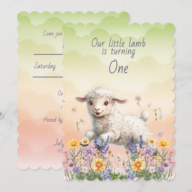 Unser kleines Lamm wird eins Baby-Geburtstag Einladung (Vorne/Hinten)