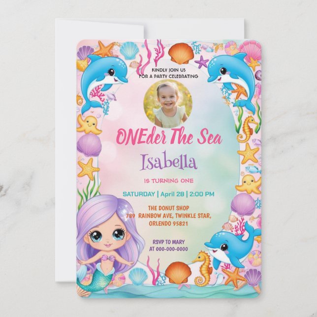 unser kleines Meerjungfrau 1. Foto Sommergeburtsta Einladung (Vorderseite)