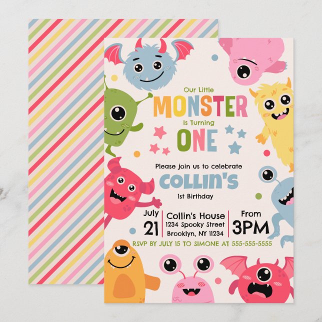 Unser kleines Monster dreht eins Einladung (Vorne/Hinten)