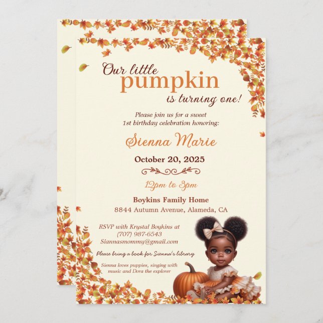 Unser kleines Pumpkin Afro Puff Baby Girl Geburtst Einladung (Vorne/Hinten)