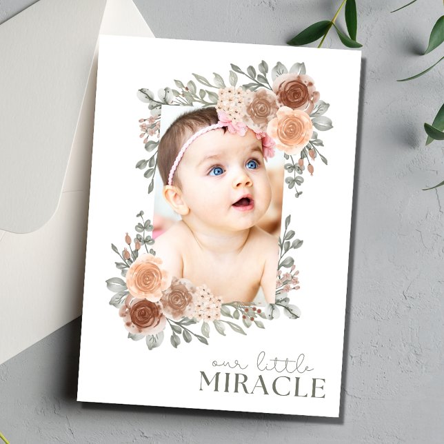 Unser kleines Wunderkind Foto Baby Birth Einladung (Cute Floral Our Little Miracle Photo Baby Girl Birth Invitation)