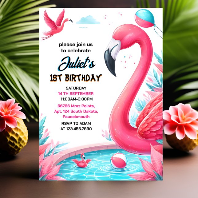 Unser Luau Fly Pink Flamingo Pool Party 1. Einladung (Von Creator hochgeladen)