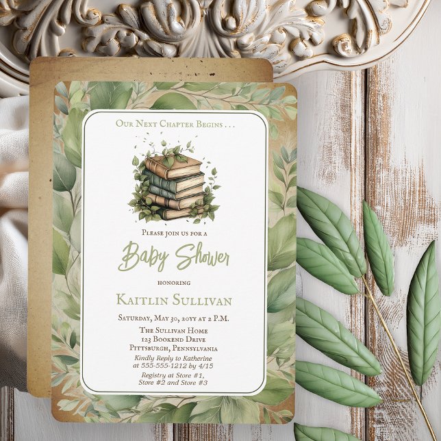 Unser nächstes Kapitel beginnt mit der Baby-Dusche Einladung (Rustic Vintage Look Elegance "Our Next Chapter Begins . . ." Old Books and Leaves Baby Shower Invite)