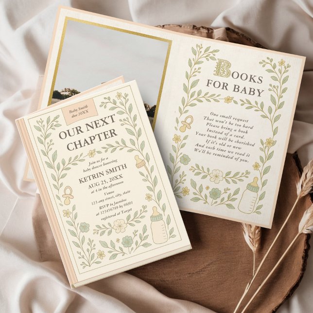 Unser nächstes Kapitel Storybook Foto Babydusche Einladung (Our next chapter Storybook Baby Shower Invitation, Fairytale, Vintage Photo Design, Books for baby)