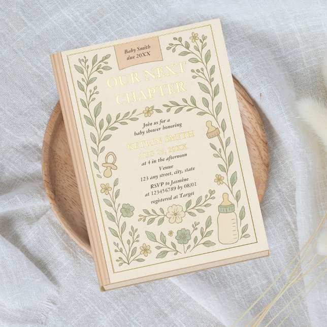 Unser nächstes Kapitel Storybook Novel Baby Dusche Folieneinladung (A new chapter begins Gold Foil, Book Themed Baby Shower Invitation with Vintage Floral Details)