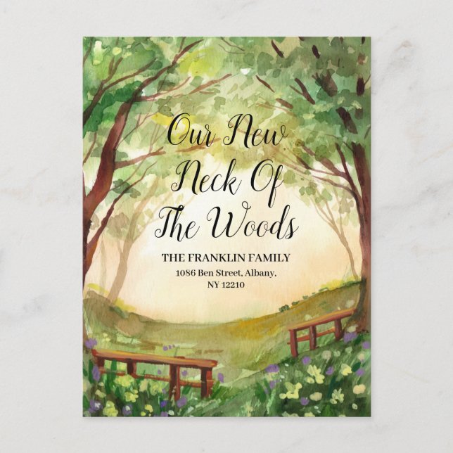 Unser neuer Fleck des Waldes, der sich neue Adress Ankündigungspostkarte (Vorderseite)