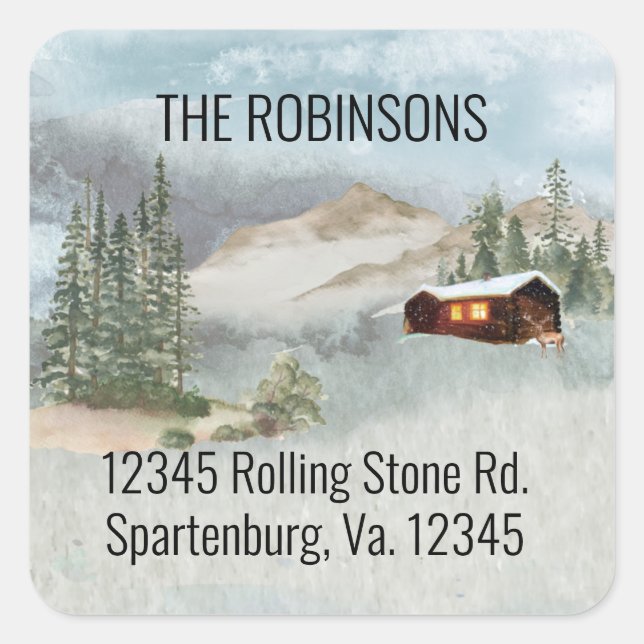 Unser neuer Nacken der Holzhütten-Pinien-Adresse Quadratischer Aufkleber (Vorderseite)