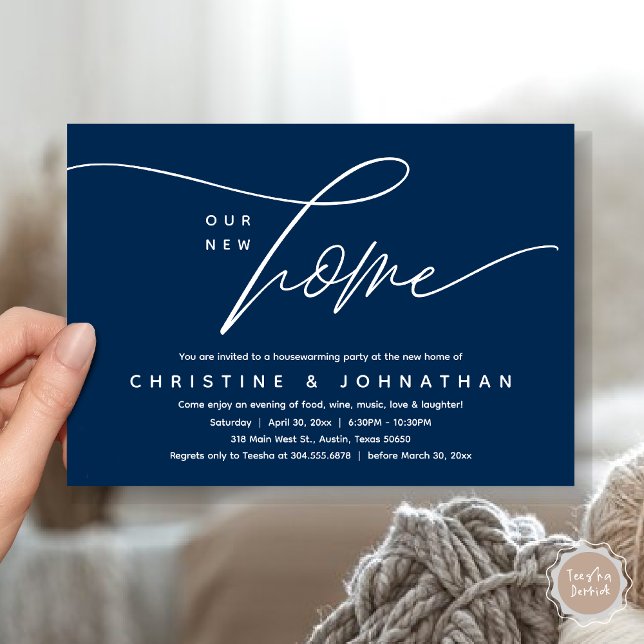 Unser neues Zuhause, gemütliches, liebevoll gestal Einladung (Our New Home, Cozy Lovely Housewarming Party Invitation Card, PDF, Navy Blue)