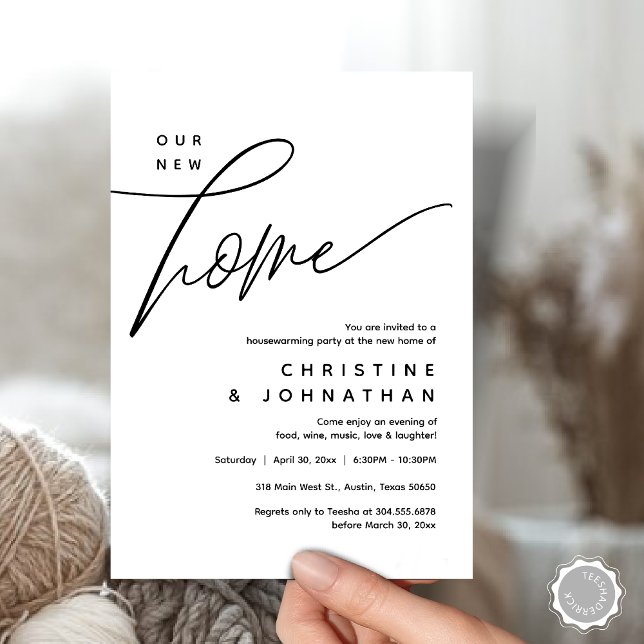Unser neues Zuhause, gemütliches, liebevoll gestal Einladung (Our New Home, Cozy Lovely Housewarming Party Invitation Card, PDF, Portrait, Black White)