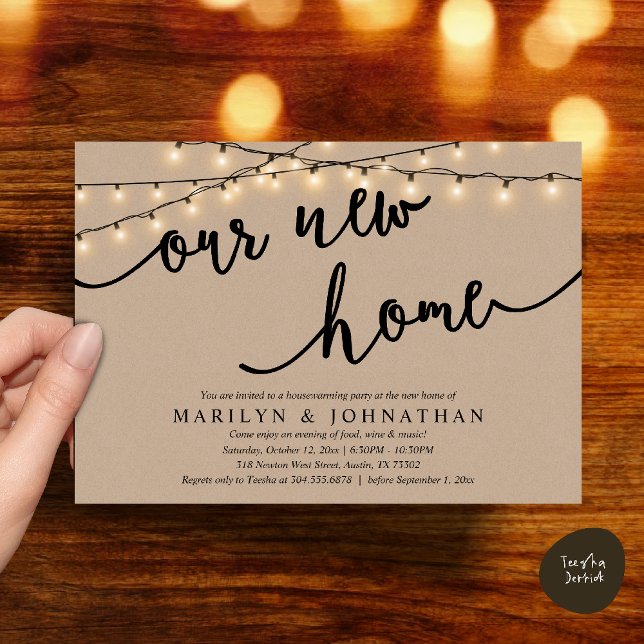 Unser neues Zuhause-Party, Rustic Housewarming Einladung (Our new home, Rustic Housewarming party Invitation Card PDF Cottage String Light brown Kraft)