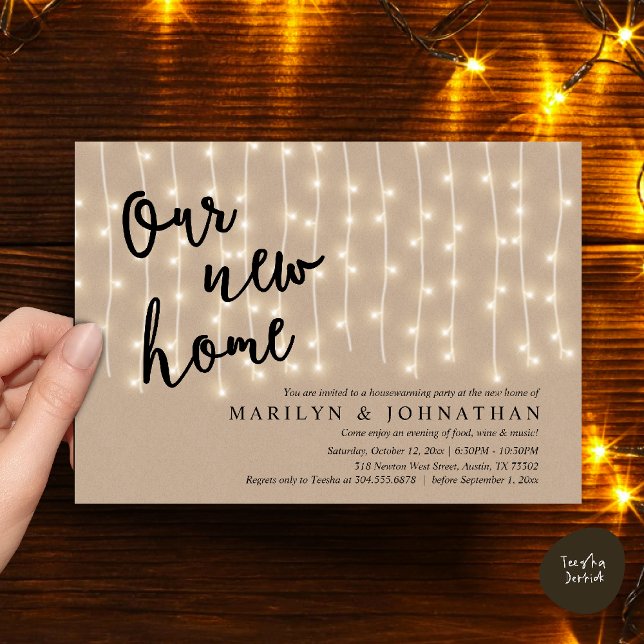 Unser neues Zuhause-Party, Rustic Housewarming Einladung (Our new home, Rustic Housewarming party Invitation Card PDF Cottage String Light brown Kraft)