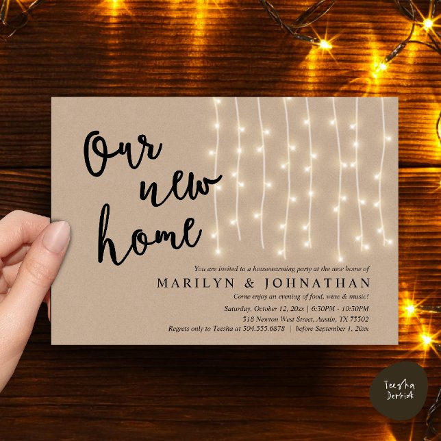 Unser neues Zuhause-Party, Rustic Housewarming Einladung (Our new home, Rustic Housewarming party Invitation Card PDF Cottage String Light brown Kraft)
