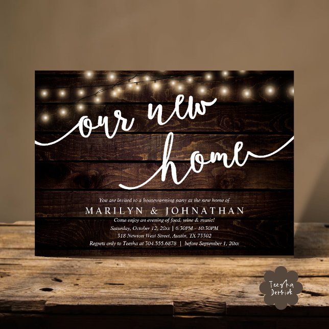 Unser neues Zuhause-Party, Rustic Housewarming Einladung (Our new home, Rustic Housewarming party Invitation Card PDF Cottage String Light brown wood)