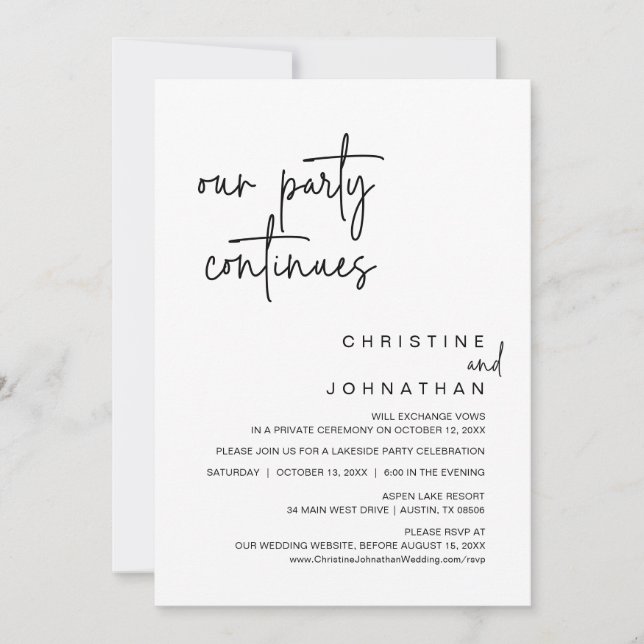 Unser Party geht weiter, Hochzeitsfeier Abendessen Einladung (Vorderseite)