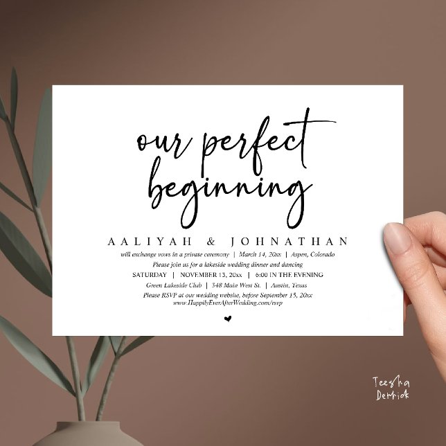 Unser perfekter Anfang, Hochzeitsfeier Einladung (Our Perfect Beginning, Wedding Elopement Party Invitation Card in Black and white)
