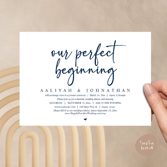 Unser perfekter Anfang, Hochzeitsfeier Einladung (Our Perfect Beginning, Wedding Elopement Party Invitation card in navy blue)