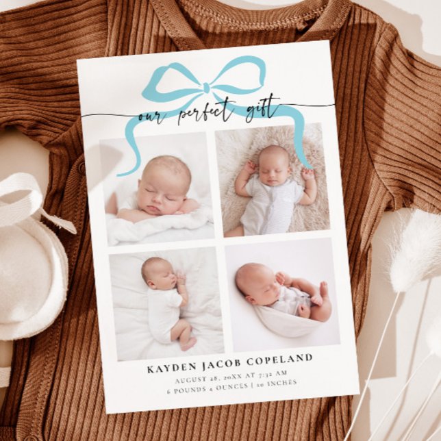 Unser perfektes Geschenk Blue Bow Foto Birth Ankündigung (Von Creator hochgeladen)