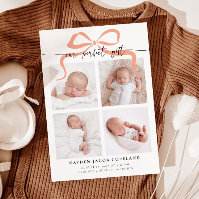 Unser perfektes Geschenk Pink Bow Foto Geburt Ankündigung (Von Creator hochgeladen)