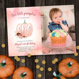 Unser Pumpkin 1. Geburtstag Rose Gold Glitzer Foto Einladung