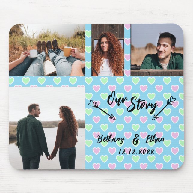 Unser Story Couple Foto Collage Blue Hearts Muster Mousepad (Vorne)