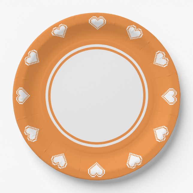 Unsere 8-Bit-Herzen in Orange Paper Plate Pappteller (Vorderseite)