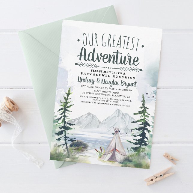 Unsere Beste Adventure Mountains Kinderdusche Einladung (Our Greatest Adventure - Camping Themed Baby Shower Invitations)