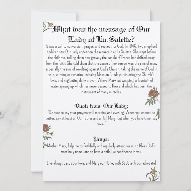 Unsere Dame des Salette-Gebetskarte Einladung (Rückseite)