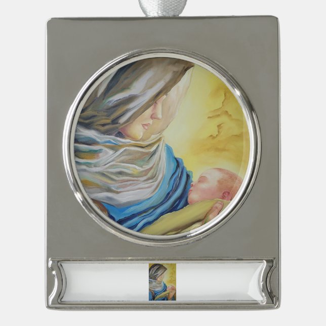 Unsere Dame des Schweigens hält das Baby Jesus Banner-Ornament Silber (Vorderseite)
