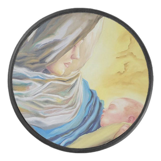 Unsere Dame des Schweigens hält das Baby Jesus Eishockey Puck (Vorderseite)