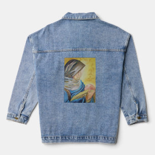 Unsere Dame des Schweigens hält das Baby Jesus Jeansjacke