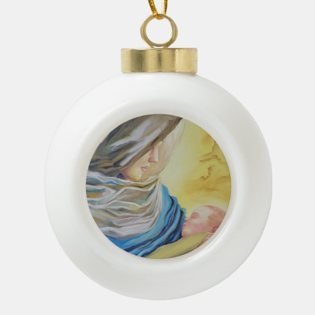 Unsere Dame des Schweigens hält das Baby Jesus Keramik Kugel-Ornament (Vorderseite)