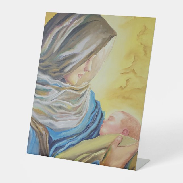 Unsere Dame des Schweigens hält das Baby Jesus Sockelschild (Vorderseite)