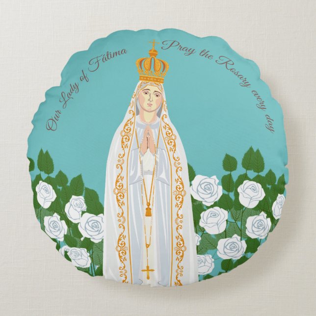 Unsere Dame Fatima und weiße Rosen Rundes Kissen (Vorderseite)