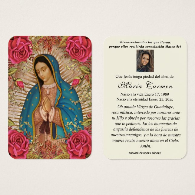 Unsere Dame Guadalupe Spanische Beerdigung Heilige (Vorne & Hinten)
