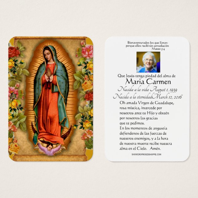 Unsere Dame Guadalupe Spanische Beerdigung Heilige (Vorne & Hinten)