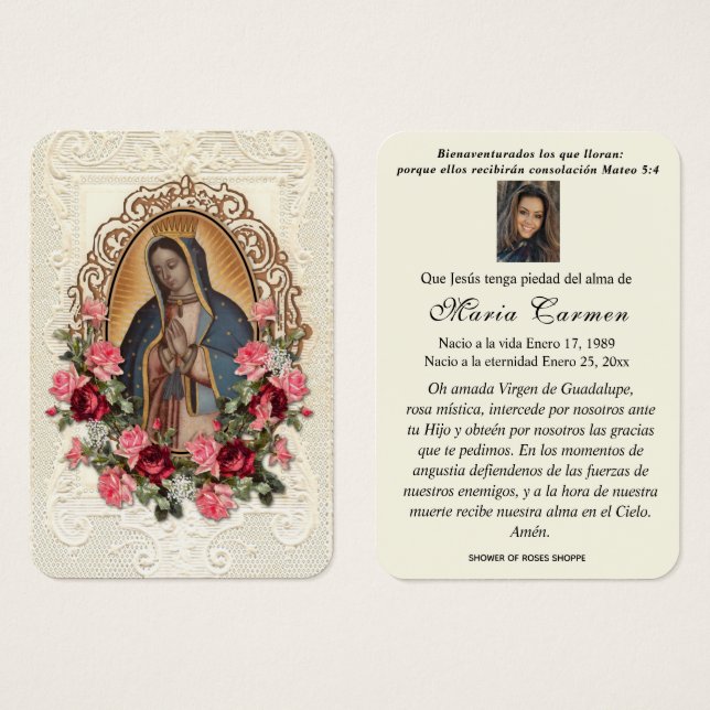 Unsere Dame Guadalupe Spanische Beerdigung Heilige (Vorne & Hinten)