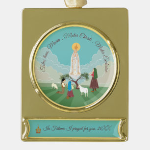Unsere Dame von Fatima und die drei Hirten Banner-Ornament Gold