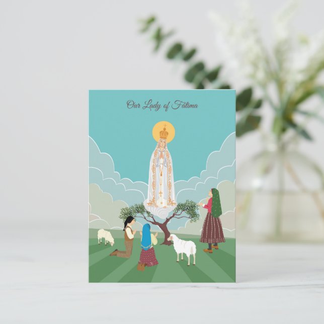 Unsere Dame von Fatima und die Hirtengebet-Karte Postkarte (Stehend Vorderseite)