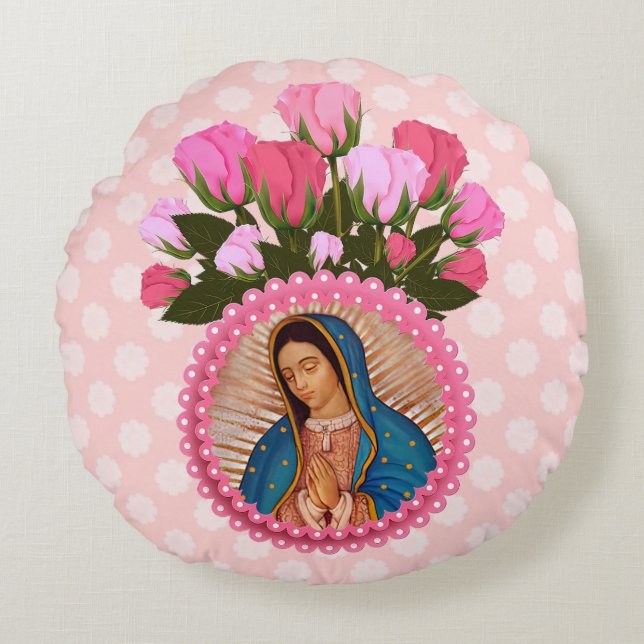 Unsere Dame von Guadalupe, rosa Rosenwirbelkissen Rundes Kissen (Vorderseite)