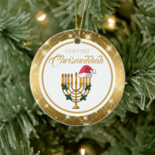 Unsere erste Chrismukka, Hanukkah Keramik Ornament