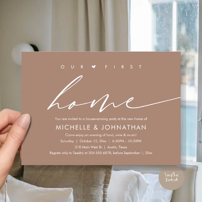 Unsere erste neue Zuhause, Party-Feier zum Thema H Einladung (Our First New Home, Housewarming Party Celebration Invitation Card, PDF, in Neutral Taupe Earthy)