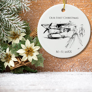 Unsere erste Weihnachts-Flugzeug-Hochzeitsfoto Keramik Ornament
