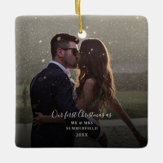 Unsere erste Weihnachts-Verheiratet-Foto-Hochzeit Keramikornament (Vorderseite)