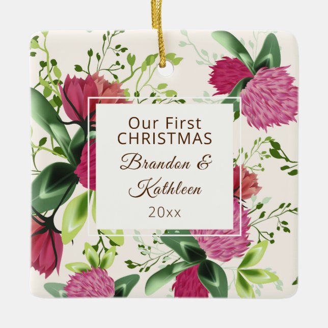 Unsere erste Weihnachtsblume Rosa Grüne Klee Keramikornament (Vorderseite)