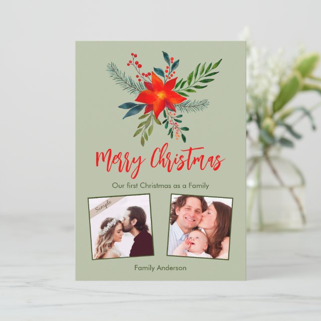 Unsere erste Weihnachtsfamilie, maßgeschneidertes  Feiertagskarte (Stehend Vorderseite)